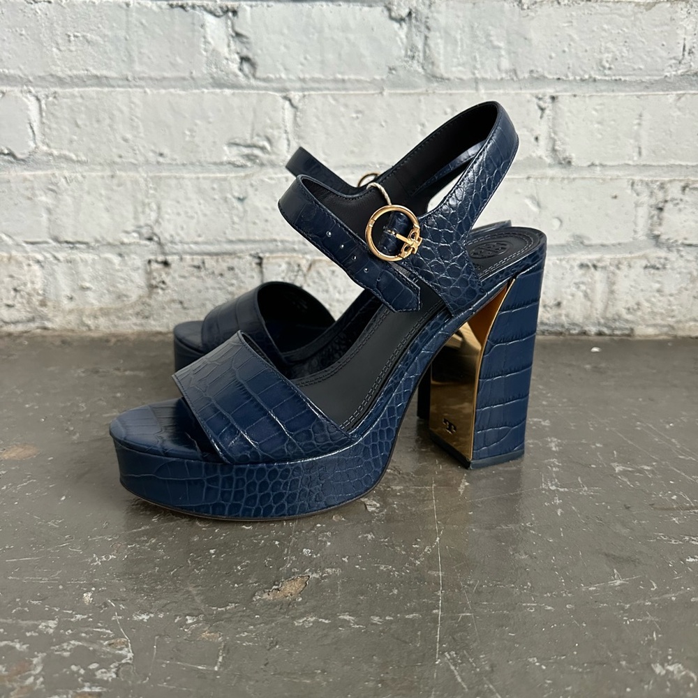 Tory Burch Navy Blue Croc Embossed Leather Maritine Platform Sandals Shoes 9 NIB